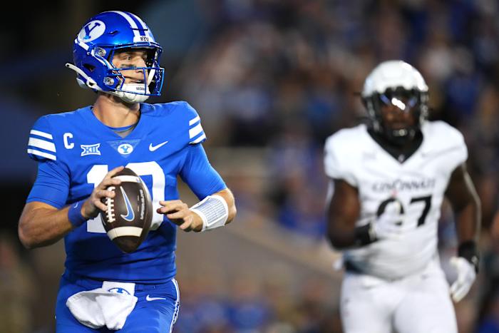Brigham Young Cougars quarterback Kedon Slovis (10) looks to pass in the second quarter during a college football game between the Brigham Young Cougars and the Cincinnati Bearcats, Friday, Sept. 29, 2023, at LaVell Edwards Stadium in Provo, Utah.